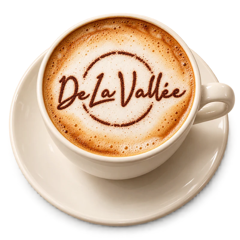 Cappuccino in ceramica con il logo De la Vallée in cacao sulla schiuma